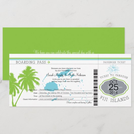 Fiji Islands Boarding Pass Wedding Kaart (Voorkant / Achterkant)