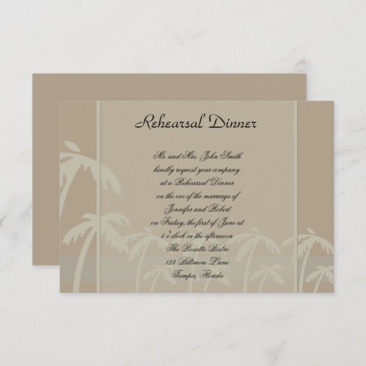 Fiji: Tropisch palm Trees Taupe Wedding Rehearsal Kaart (Voorkant / Achterkant)