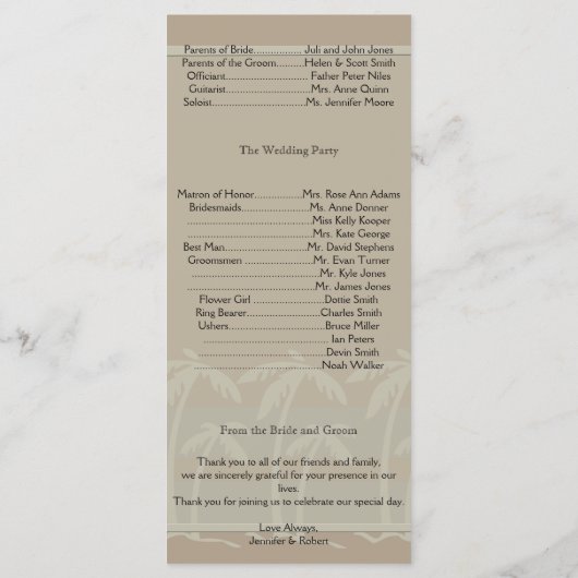 Fiji: Tropische palmbomen in Taupe-trouwprogramma Programmakaart (Achterkant)