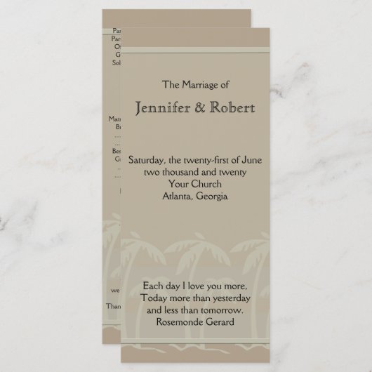 Fiji: Tropische palmbomen in Taupe-trouwprogramma Programmakaart (Voorkant / Achterkant)