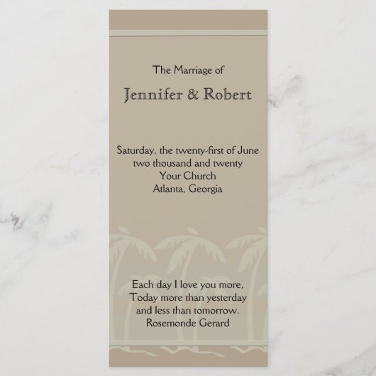 Fiji: Tropische palmbomen in Taupe-trouwprogramma Programmakaart (Voorkant)