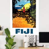 Fiji, vrouw aan de tropische kust en toeristische  poster (Thuiskantoor)