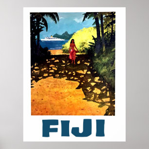 Fiji, vrouw aan de tropische kust en toeristische  poster