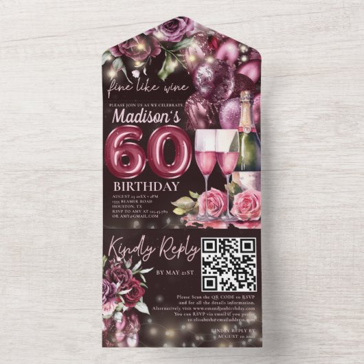 Fijn als wijn 60e verjaardag RSVP QR code All In One Uitnodiging (Binnen)