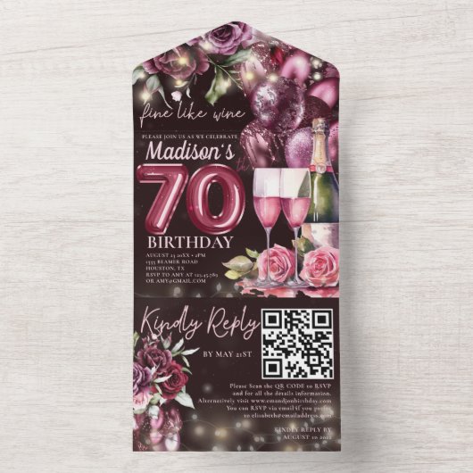 Fijn als wijn 70e verjaardag RSVP QR code All In One Uitnodiging (Binnen)