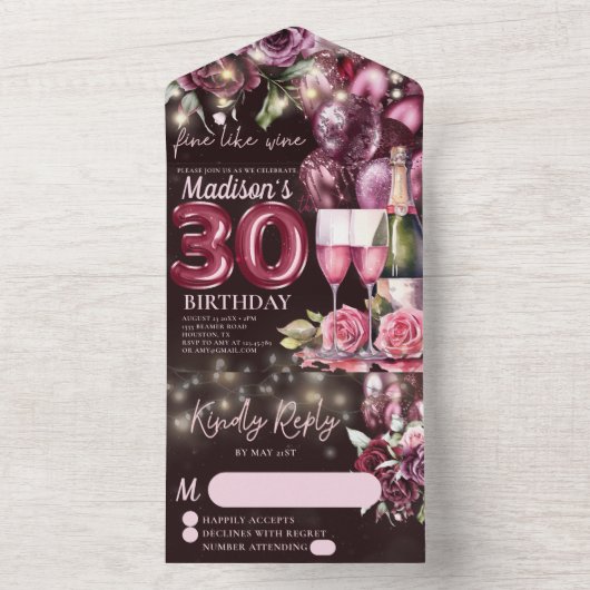 Fijn als wijn luxe 30e verjaardag RSVP All In One Uitnodiging (Binnen)