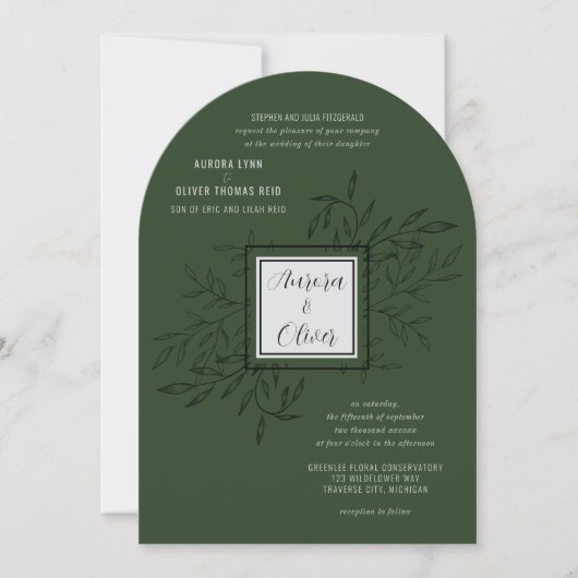 Fijn gebladerte | Deep Sage Arch Wedding Uitnodige Kaart (Voorkant)