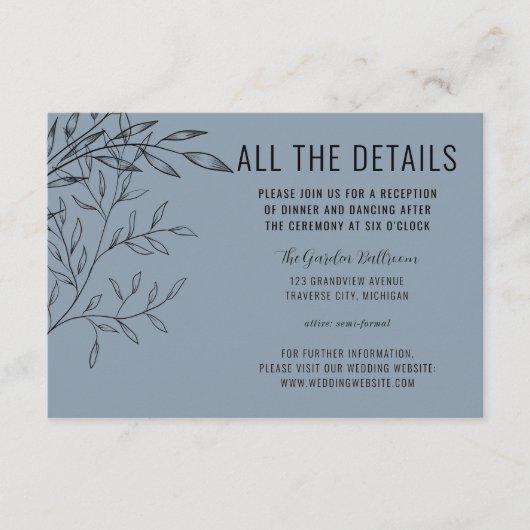 Fijn gebladerte | Dusty Blue | Trouwdetails Informatiekaartje (Voorkant)