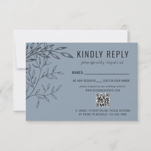Fijn gebladerte | Dusty Blue | Website bruiloft RSVP Kaartje (Voorkant)