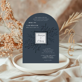 Fijn gebladerte | Steel Blue Arch Wedding Uitnodig Kaart