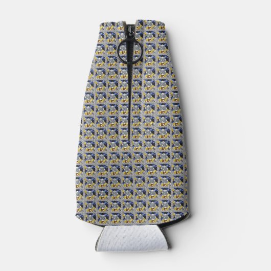 Fijn geel-blauw patroon flesjeskoeler (Achterkant)