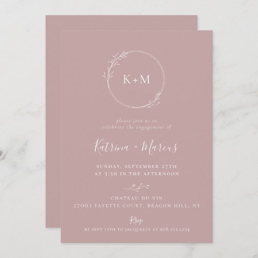 Fijn Kunst Monogram Stof Roze Uitnodiging Bruiloft (Voorkant / Achterkant)