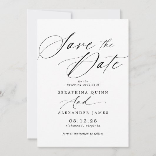 Fijn luchtig schrift | Klassiek zwart en wit Save The Date (Voorkant)