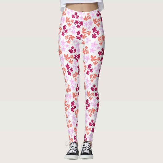 Fijn rood en roze bloemmotief op zacht wit leggings (Voorkant)