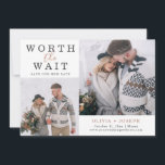 Fijn | Twee nieuwe datum voor het huwelijk Save The Date<br><div class="desc">Deze eenvoudige en stijlvolle bruiloft bewaart de datumkaart voor uw nieuwe en opnieuw geplande trouwdatum bevat twee van uw favoriete persoonlijke foto's,  samen met de klassieke elegante donkergrijze tekst en het faux roos gouden script dat "het wachten waard" zegt voor een verbluffende minimalistische blik.</div>