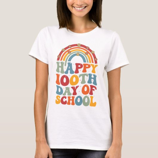 Fijne 100ste dagen van de Rainbow Groovy Retro T-shirt (Voorkant)