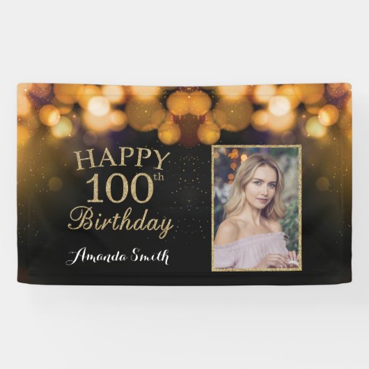 Fijne 100ste verjaardag banner. Gold Glitter-foto Spandoek (Horizontaal)