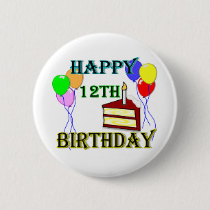 Fijne 12de verjaardag met Cake, ballonnen en kaars Ronde Button 5,7 Cm