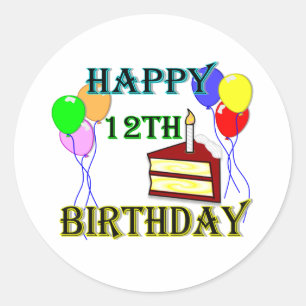 Fijne 12de verjaardag met Cake, ballonnen en kaars Ronde Sticker