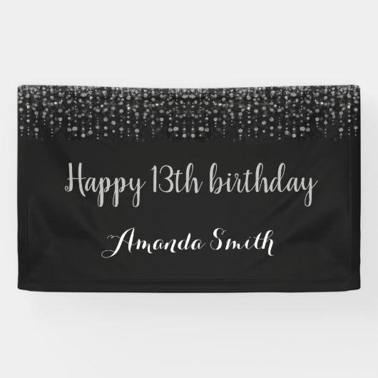 Fijne 13de verjaardag Banner. Black Silver Glitter Spandoek (Horizontaal)