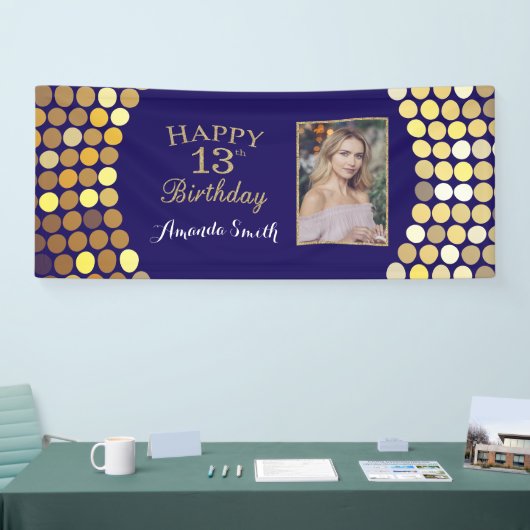 Fijne 13de verjaardag Banner. Navy Blue Gold Photo Spandoek (Beurs)