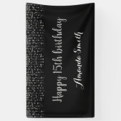 Fijne 15de verjaardag Banner. Black Silver Glitter Spandoek (Verticaal)