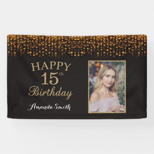 Fijne 15de verjaardag Banner. Gold Glitter-foto Spandoek