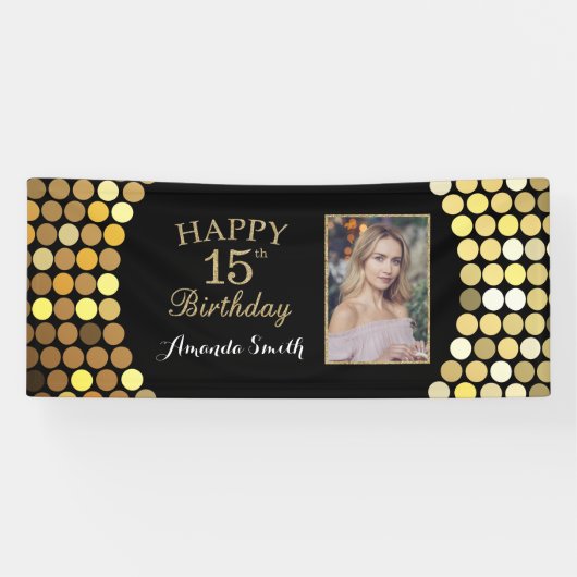 Fijne 15de verjaardag Banner. Gold Glitter-foto Spandoek (Horizontaal)