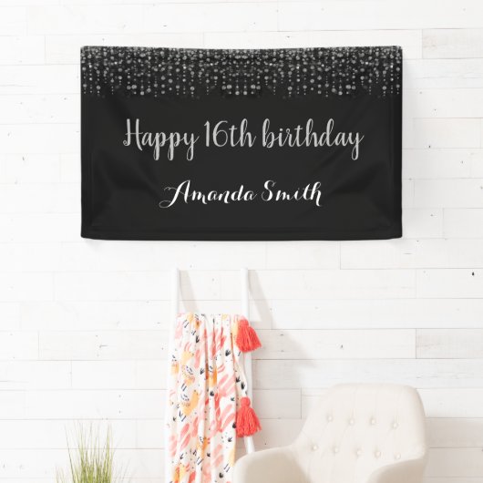 Fijne 16e verjaardag banner. Black Silver Glitter Spandoek (Insitu)