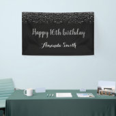 Fijne 16e verjaardag banner. Black Silver Glitter Spandoek (Beurs)