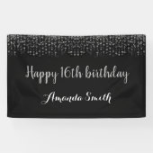 Fijne 16e verjaardag banner. Black Silver Glitter Spandoek (Horizontaal)
