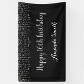 Fijne 16e verjaardag banner. Black Silver Glitter Spandoek (Verticaal)
