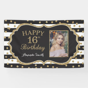 Fijne 16e verjaardag banner. Gold Glitter-foto Spandoek
