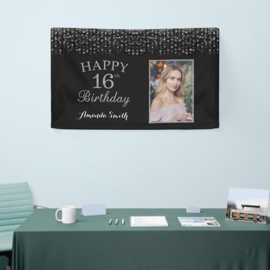 Fijne 16e verjaardag banner. Silver Glitter-foto Spandoek (Beurs)