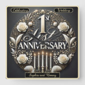 Fijne 1e Jubileum Floral Keepsake Vierkante Klok (Voorkant)