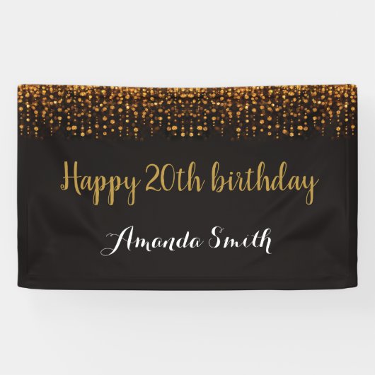 Fijne 20ste verjaardag banner. Zwart en goudglitte Spandoek (Horizontaal)