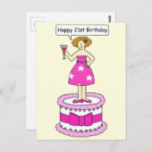 Fijne 21ste Birthday Cartoon Lady op een Cake Briefkaart (Voorkant / Achterkant)
