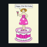 Fijne 21ste Birthday Cartoon Lady op een Cake Briefkaart<br><div class="desc">Dame in een roze,  strakke jurk met witte sterren erop,  op een reuzenroze en witte cake,  met een roze cocktail,  gezegde 'Happy 21st Birthday'.</div>