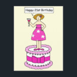 Fijne 21ste Birthday Cartoon Lady op een Cake Briefkaart<br><div class="desc">Dame in een roze,  strakke jurk met witte sterren erop,  op een reuzenroze en witte cake,  met een roze cocktail,  gezegde 'Happy 21st Birthday'.</div>