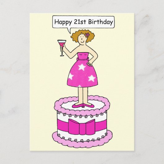 Fijne 21ste Birthday Cartoon Lady op een Cake Briefkaart (Voorkant)