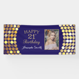 Fijne 21ste verjaardag Banner. Navy Blue Gold Phot Spandoek