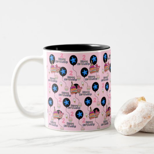 Fijne 2e verjaardag mok Ballonnen #2 Roze (Met donut)