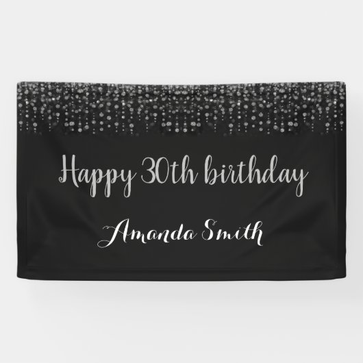 Fijne 30ste verjaardag banner. Black Silver Glitte Spandoek (Horizontaal)