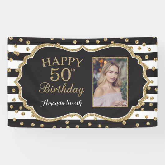 Fijne 50ste verjaardag Banner. Gold Glitter-foto Spandoek (Horizontaal)