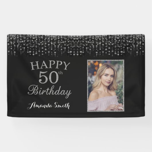 Fijne 50ste verjaardag Banner. Silver Glitter-foto Spandoek (Horizontaal)