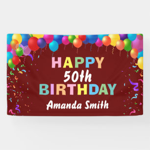 Fijne 50ste verjaardag Colorful Balloons Burgundy Spandoek