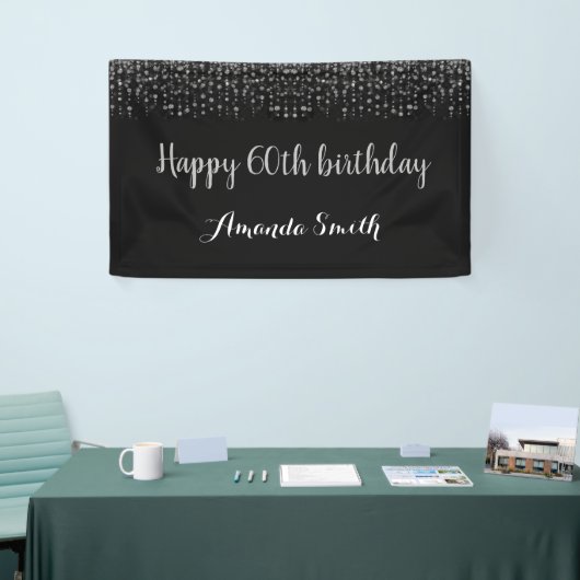 Fijne 60ste verjaardag banner. Black Silver Glitte Spandoek (Beurs)