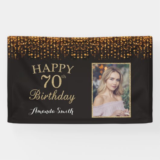 Fijne 70ste verjaardag Banner. Gold Glitter-foto Spandoek (Horizontaal)