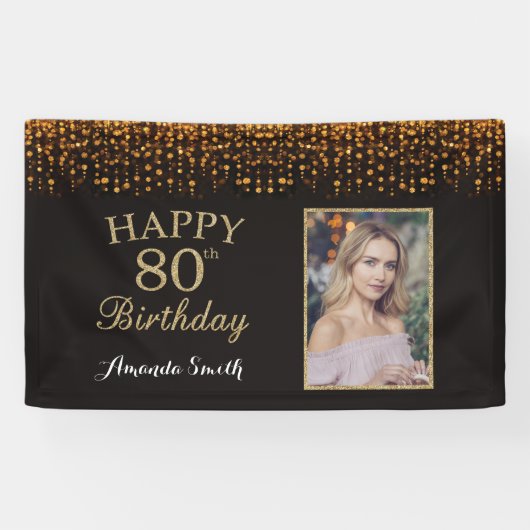 Fijne 80ste verjaardag banner. Gold Glitter-foto Spandoek (Horizontaal)