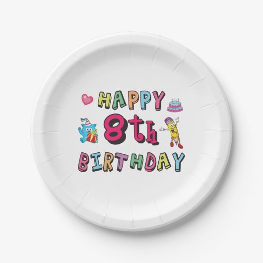 Fijne 8de verjaardag. 8 jaar per dag. papieren bordje (Voorkant)